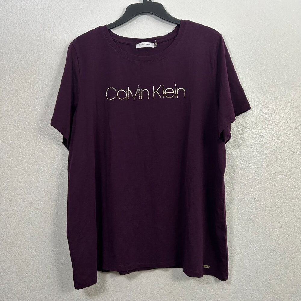 Calvin Klein Studded Rhinestone Logo Short Sleeve Shirt Eggplant Modal Blend - Picture 2 of 5